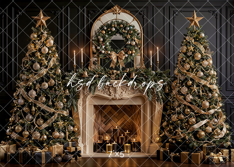 Noir Noel Fireplace photography backdrop with a candlelit fireplace, black walls, decorated Christmas trees, champagne ornaments, ribbon garland, and wrapped gifts for holiday portrait photography.
