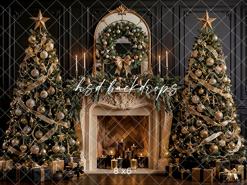 Noir Noel Fireplace Photography Backdrop – Glam Seasonal Portrait Scene | HSD Backdrops