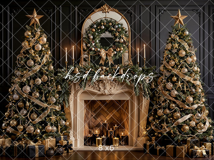Noir Noel Fireplace Photography Backdrop – Glam Seasonal Portrait Scene | HSD Backdrops