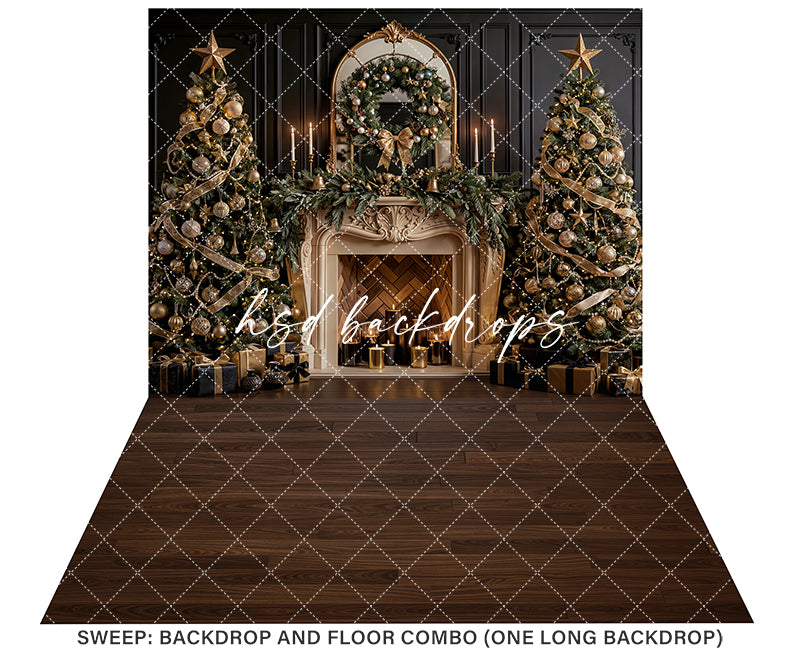 Noir Noel Fireplace Photography Backdrop – Glam Seasonal Portrait Scene | HSD Backdrops