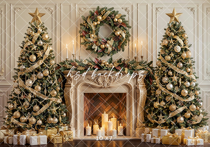 Golden Wreath Christmas Fireplace Photography Backdrop – Elegant Holiday Portrait Scene | HSD Backdrops