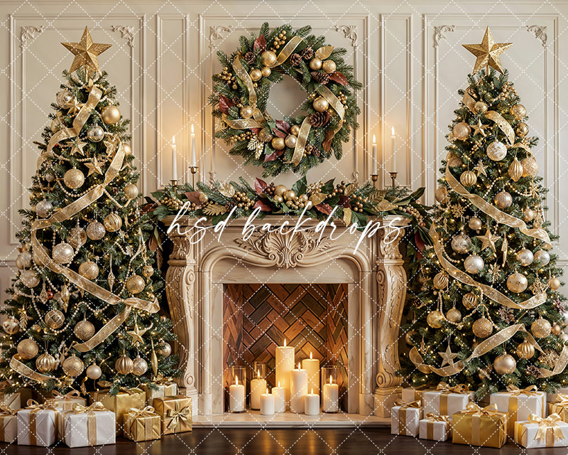 Golden Wreath Christmas Fireplace Photography Backdrop – Elegant Holiday Portrait Scene | HSD Backdrops