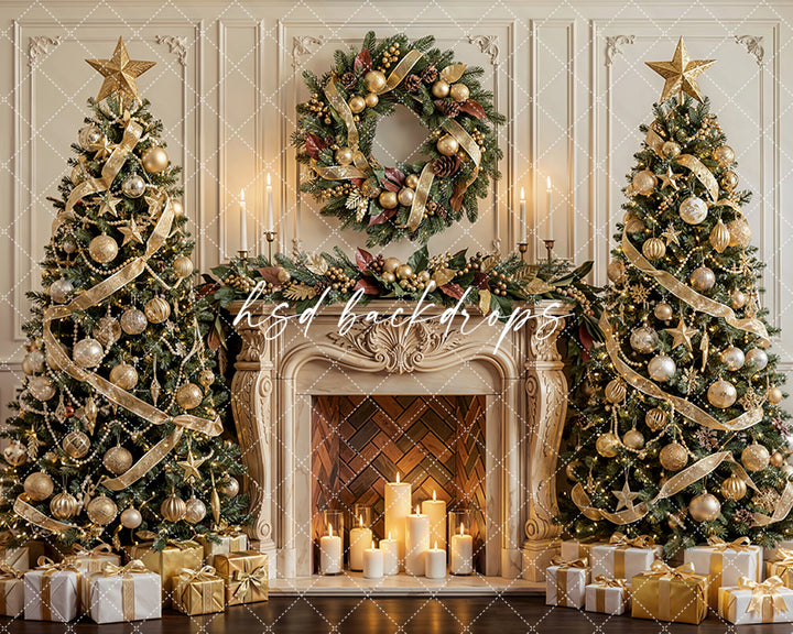 Golden Wreath Christmas Fireplace Photography Backdrop – Elegant Holiday Portrait Scene | HSD Backdrops