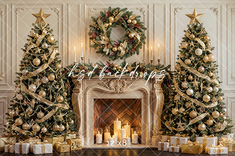 Golden Wreath Christmas Fireplace Photography Backdrop – Elegant Holiday Portrait Scene | HSD Backdrops