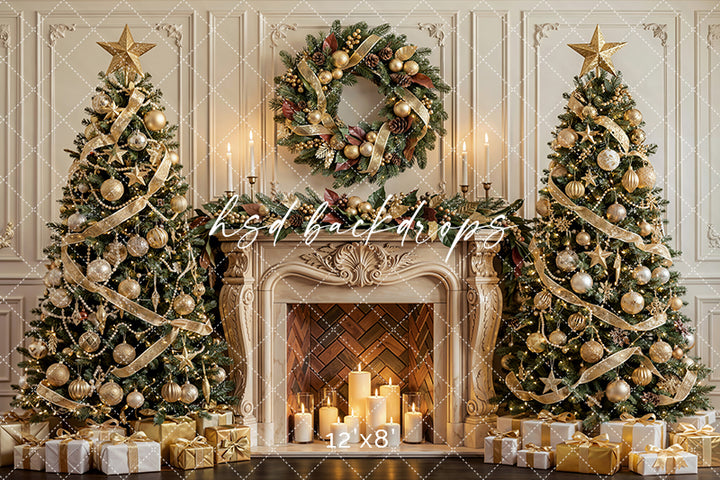 Golden Wreath Christmas Fireplace Photography Backdrop – Elegant Holiday Portrait Scene | HSD Backdrops