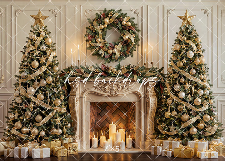 Elegant Christmas photography backdrop with a glowing fireplace, gold wreath over the mantel, decorated Christmas trees, candles, and wrapped gifts in a timeless holiday portrait scene.