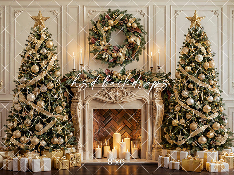 Golden Wreath Christmas Fireplace Photography Backdrop – Elegant Holiday Portrait Scene | HSD Backdrops