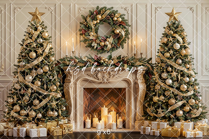 Golden Wreath Christmas Fireplace Photography Backdrop – Elegant Holiday Portrait Scene | HSD Backdrops
