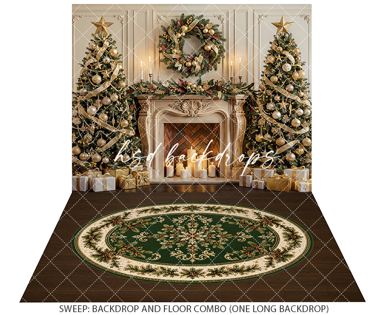 Golden Wreath Christmas Fireplace Photography Backdrop – Elegant Holiday Portrait Scene | HSD Backdrops