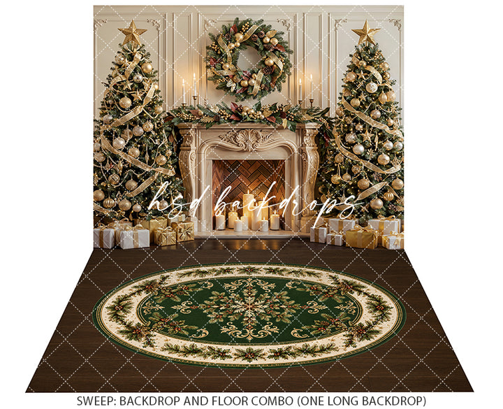Golden Wreath Christmas Fireplace Photography Backdrop – Elegant Holiday Portrait Scene | HSD Backdrops