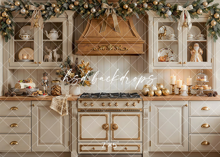 Christmas Kitchen Charm photography backdrop with elegant cabinetry, festive garland, ribbon bows, candles, baked treats, and cozy holiday kitchen décor for portrait photography.
