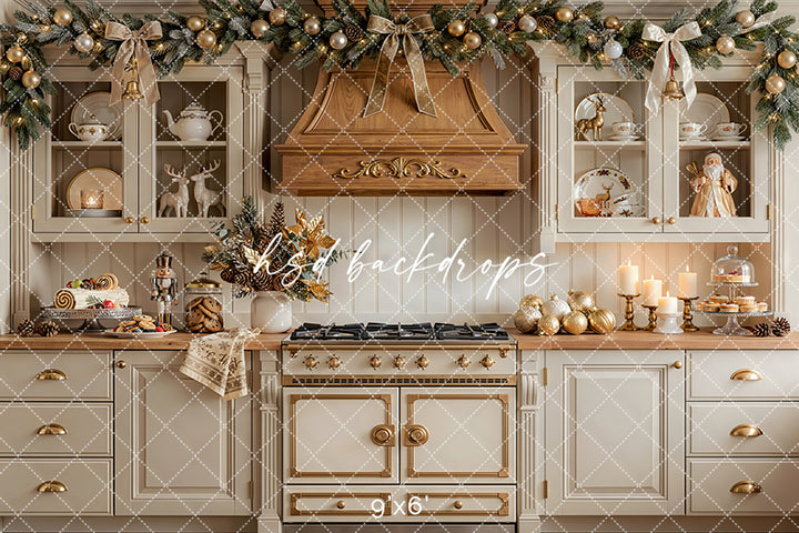 Christmas Kitchen Charm Photography Backdrop – Cozy Seasonal Portrait Scene | HSD Backdrops