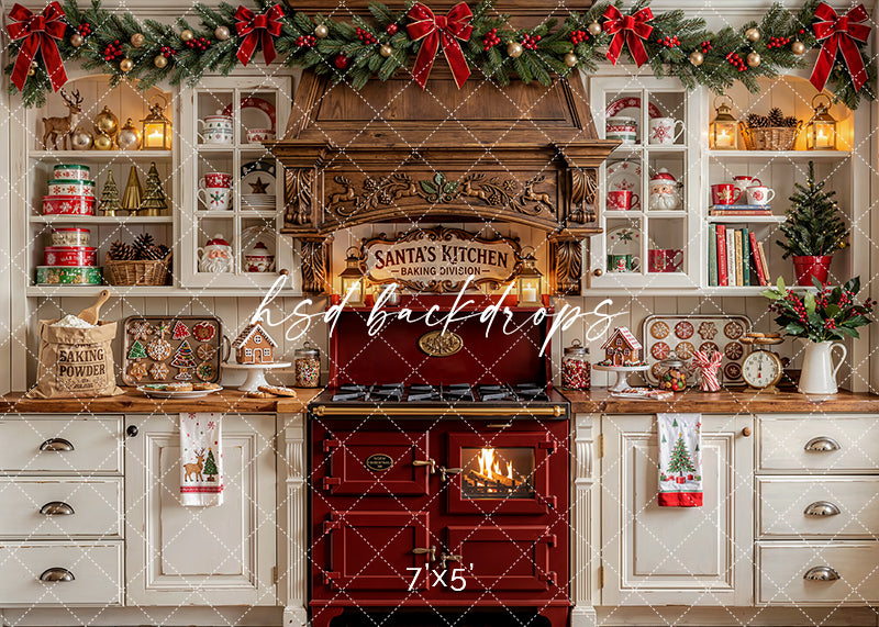 Holiday Cookie Kitchen photography backdrop with a vintage red stove, festive garland, ribbon bows, cookie trays, gingerbread details, candles, and cozy Christmas kitchen décor for portrait photography.