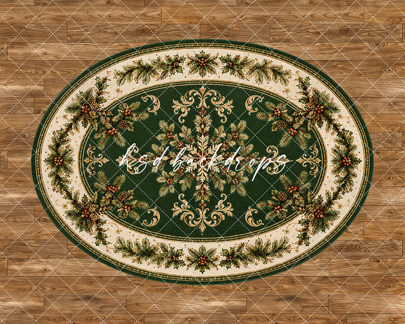 Woodland Heirloom Rug photography floor backdrop with an oval evergreen holiday rug design, ornate scrollwork, pine branches, berries, and warm wood flooring.