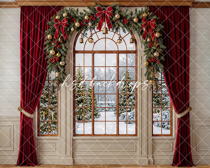 Velvet Ribbon Window Photography Backdrop – Graceful Christmas Portrait Scene | HSD Backdrops