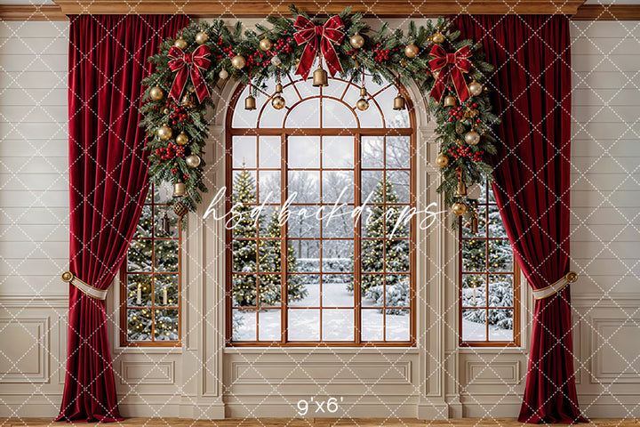 Velvet Ribbon Window Photography Backdrop – Graceful Christmas Portrait Scene | HSD Backdrops