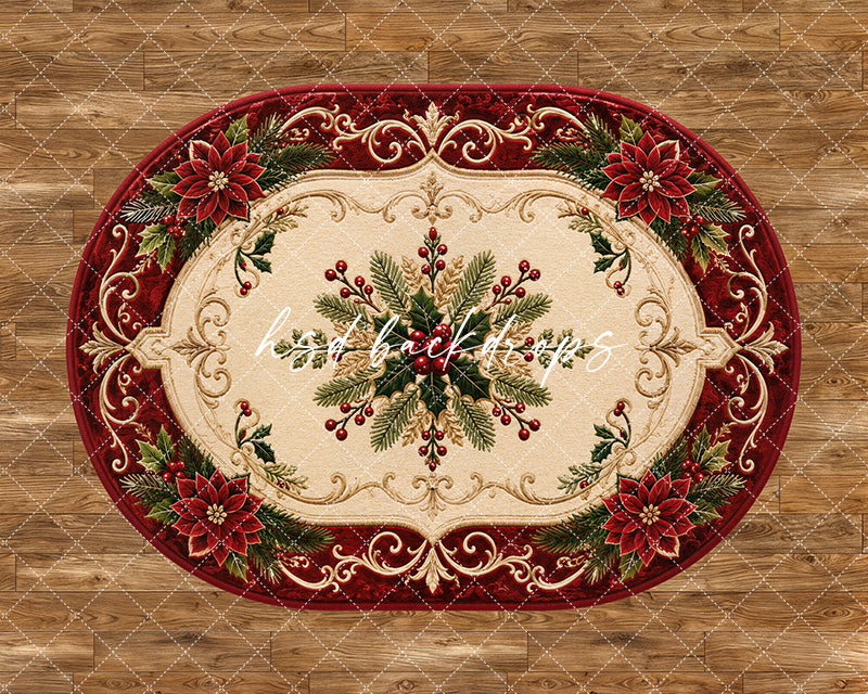 Poinsettia Heirloom Rug photography floor backdrop with an oval holiday rug design, red poinsettias, evergreen sprigs, ornate scrollwork, and warm wood flooring.