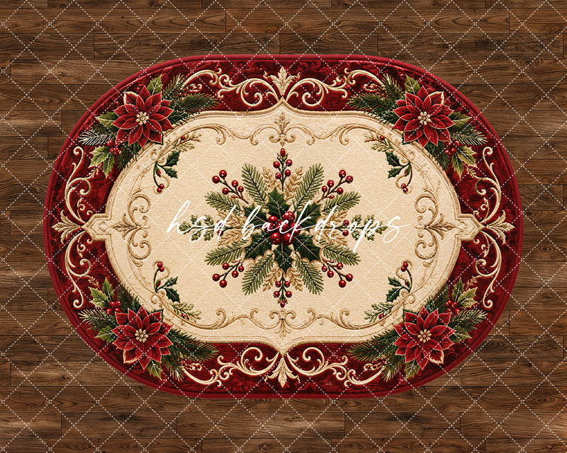 Berry Bloom Oval Rug photography floor backdrop with an oval holiday rug design, red poinsettias, berries, evergreen sprigs, ornate scrollwork, and warm wood flooring.