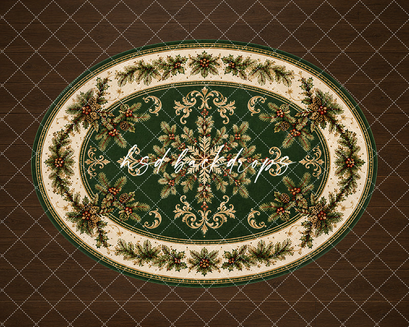 Festive Evergreen Medallion photography floor backdrop with an oval evergreen holiday rug design, ornate medallion pattern, pine branches, berries, and warm wood flooring.