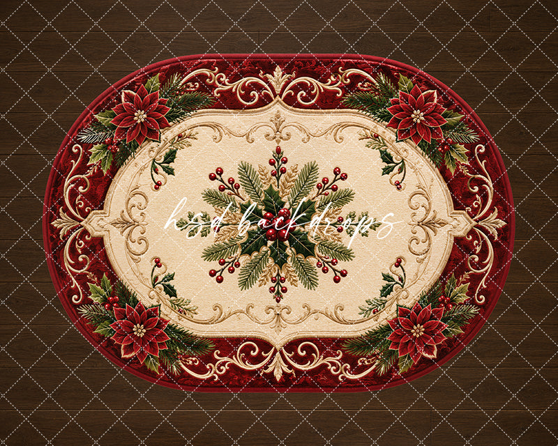 Scarlet Garland Rug Christmas floor mat with deep red border, ivory center, gold scrollwork, evergreen branches, red berries, poinsettias, and elegant holiday styling.