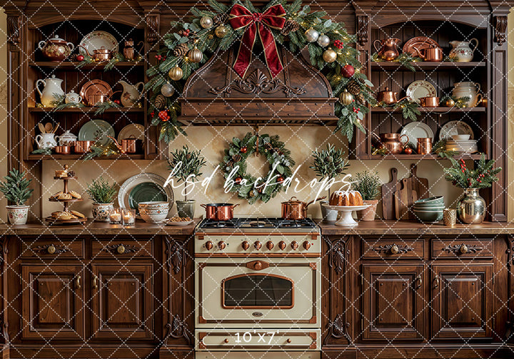 Heritage Holiday Kitchen Photography Backdrop – Timeless Christmas Portrait Scene | HSD Backdrops