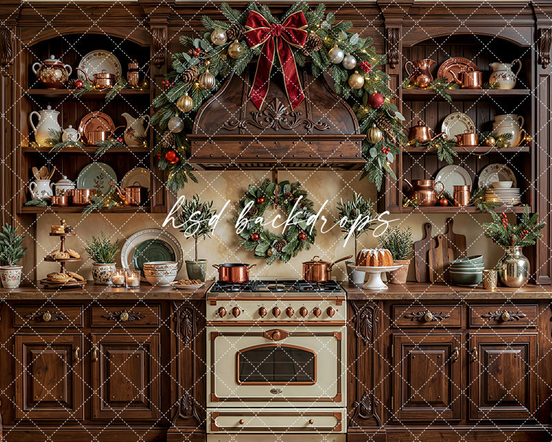 Heritage Holiday Kitchen Photography Backdrop – Timeless Christmas Portrait Scene | HSD Backdrops