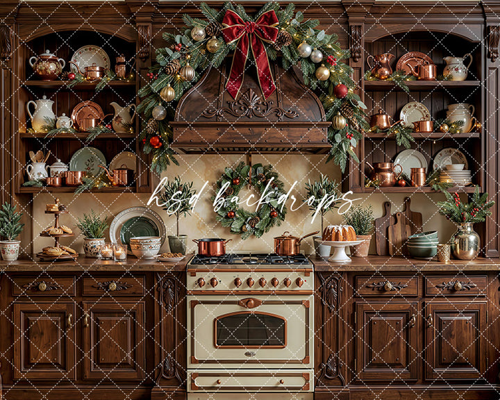 Heritage Holiday Kitchen Photography Backdrop – Timeless Christmas Portrait Scene | HSD Backdrops