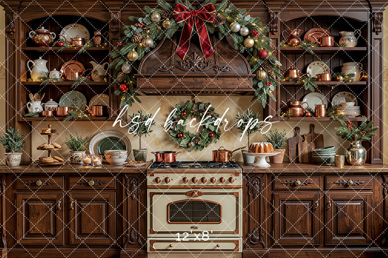 Heritage Holiday Kitchen Photography Backdrop – Timeless Christmas Portrait Scene | HSD Backdrops