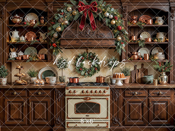 Heritage Holiday Kitchen Photography Backdrop – Timeless Christmas Portrait Scene | HSD Backdrops