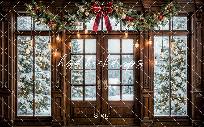 Twinkling Garland Door Photography Backdrop – Elegant Seasonal Portrait Scene | HSD Backdrops