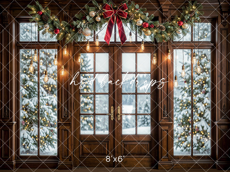 Twinkling Garland Door Photography Backdrop – Elegant Seasonal Portrait Scene | HSD Backdrops