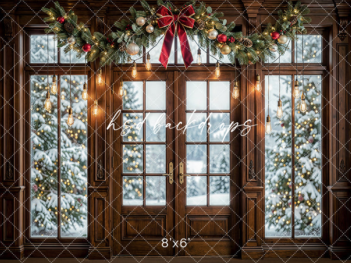 Twinkling Garland Door Photography Backdrop – Elegant Seasonal Portrait Scene | HSD Backdrops