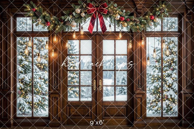 Twinkling Garland Door Photography Backdrop – Elegant Seasonal Portrait Scene | HSD Backdrops
