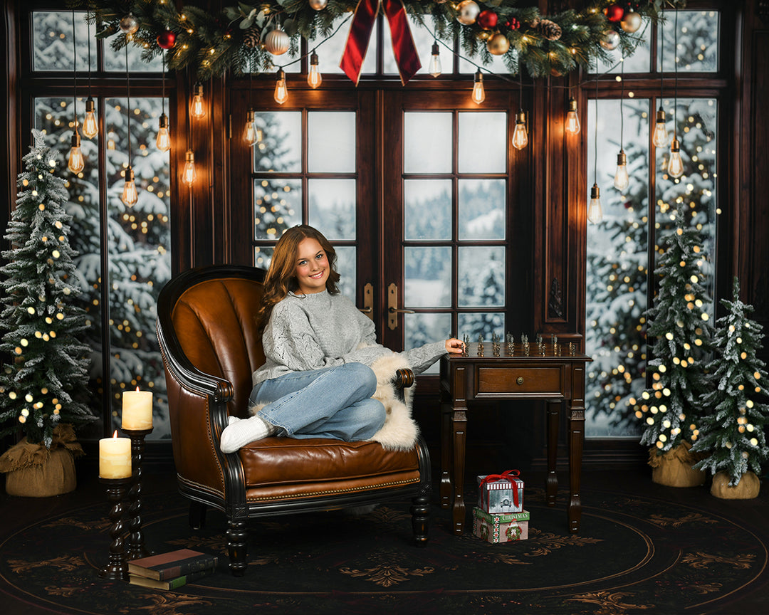 Twinkling Garland Door Photography Backdrop – Elegant Seasonal Portrait Scene | HSD Backdrops