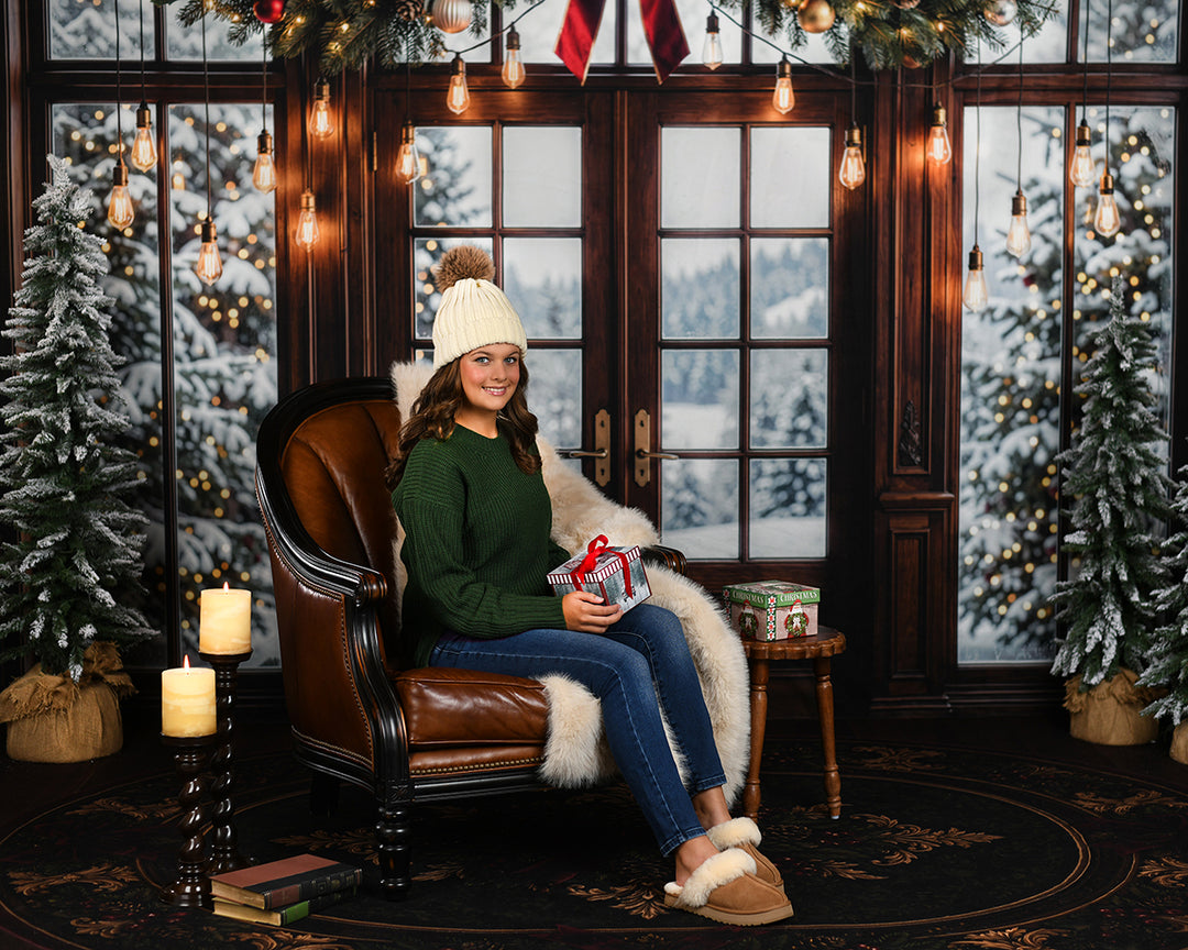 Twinkling Garland Door Photography Backdrop – Elegant Seasonal Portrait Scene | HSD Backdrops