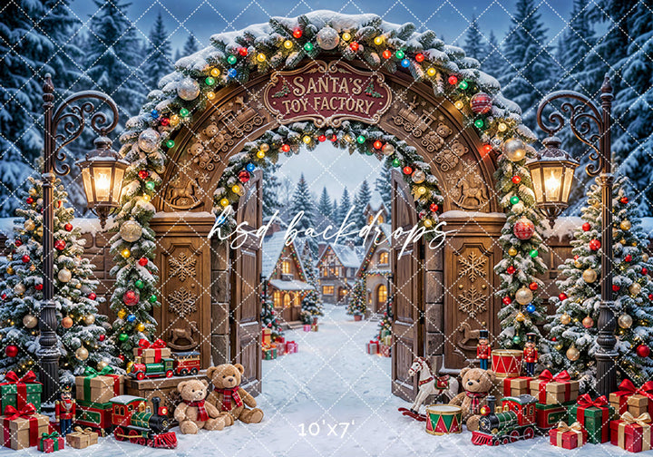 Santa’s Toy Factory Gate Photography Backdrop – Enchanted Christmas Portrait Scene | HSD Backdrops