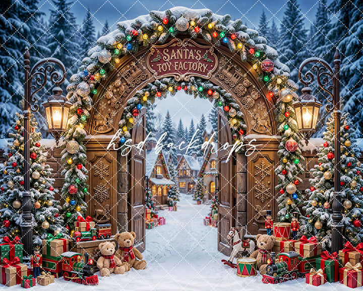 Santa’s Toy Factory Gate Photography Backdrop – Enchanted Christmas Portrait Scene | HSD Backdrops