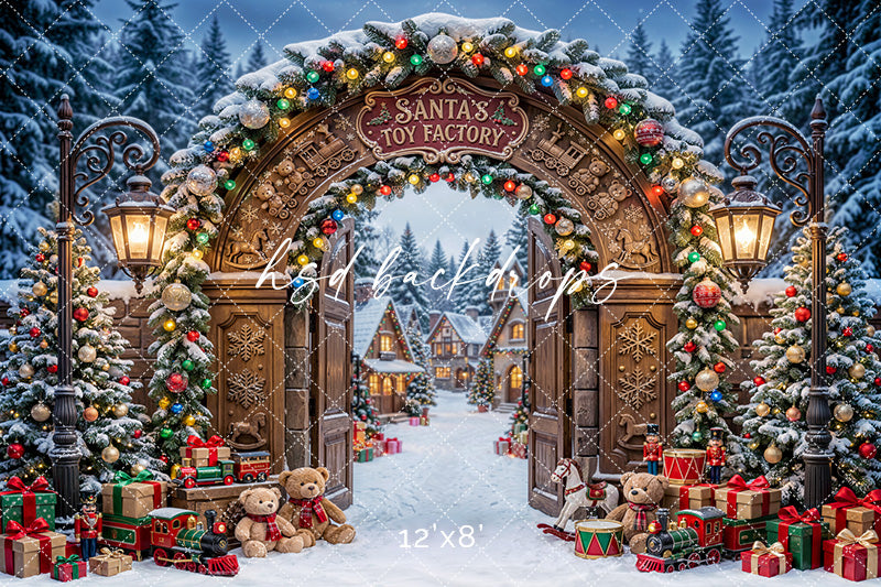 Santa’s Toy Factory Gate Photography Backdrop – Enchanted Christmas Portrait Scene | HSD Backdrops