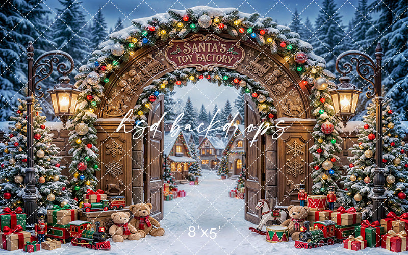 Santa’s Toy Factory Gate Photography Backdrop – Enchanted Christmas Portrait Scene | HSD Backdrops