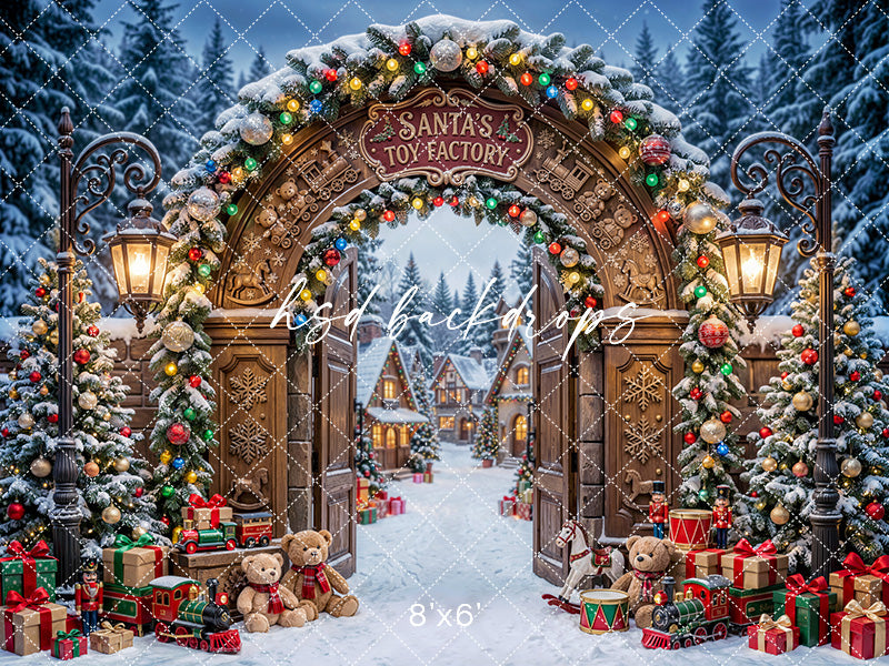 Santa’s Toy Factory Gate Photography Backdrop – Enchanted Christmas Portrait Scene | HSD Backdrops