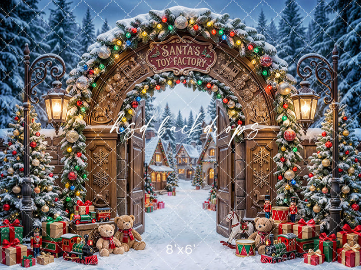 Santa’s Toy Factory Gate Photography Backdrop – Enchanted Christmas Portrait Scene | HSD Backdrops
