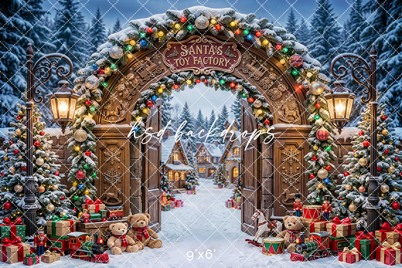 Santa’s Toy Factory Gate Photography Backdrop – Enchanted Christmas Portrait Scene | HSD Backdrops
