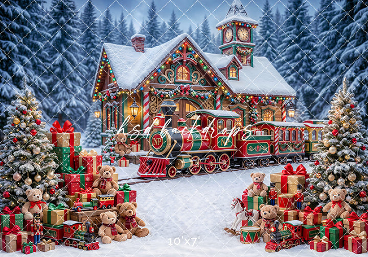 Snowy Toymaker Station Photography Backdrop – Cozy Holiday Portrait Scene | HSD Backdrops