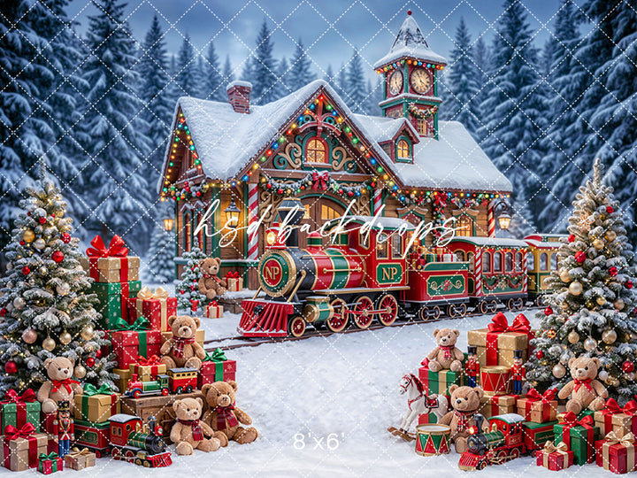Snowy Toymaker Station Photography Backdrop – Cozy Holiday Portrait Scene | HSD Backdrops