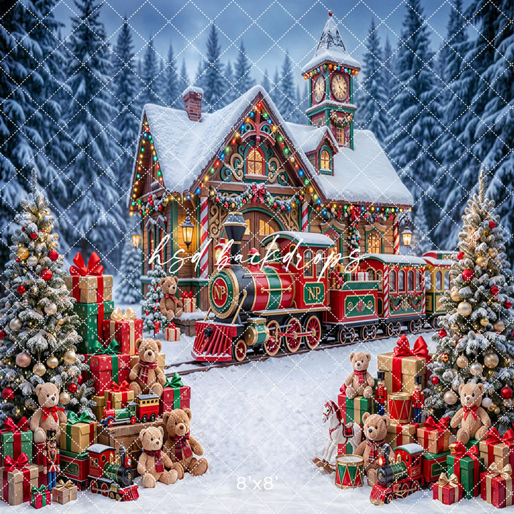 Snowy Toymaker Station Photography Backdrop – Cozy Holiday Portrait Scene | HSD Backdrops