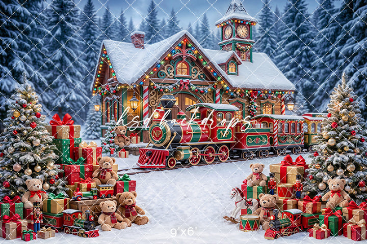 Snowy Toymaker Station Photography Backdrop – Cozy Holiday Portrait Scene | HSD Backdrops