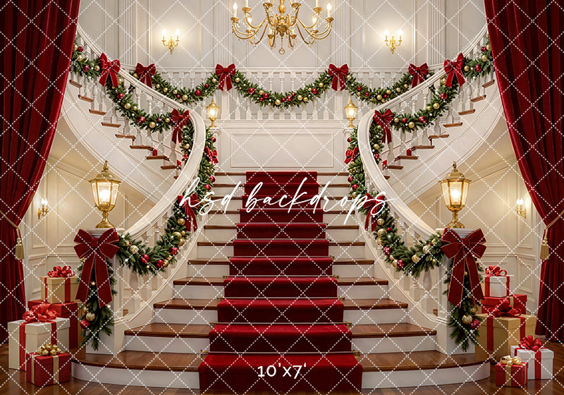 Grand Holiday Staircase Photography Backdrop – Elegant Christmas Portrait Scene | HSD Backdrops