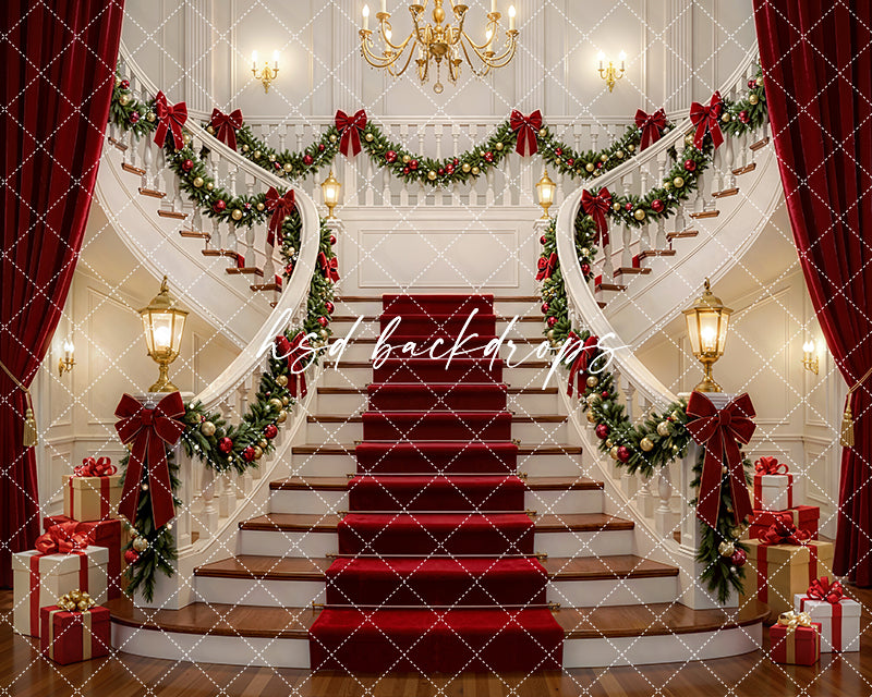 Grand Holiday Staircase Photography Backdrop – Elegant Christmas Portrait Scene | HSD Backdrops