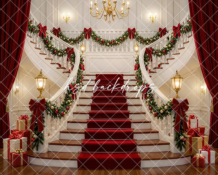 Grand Holiday Staircase Photography Backdrop – Elegant Christmas Portrait Scene | HSD Backdrops