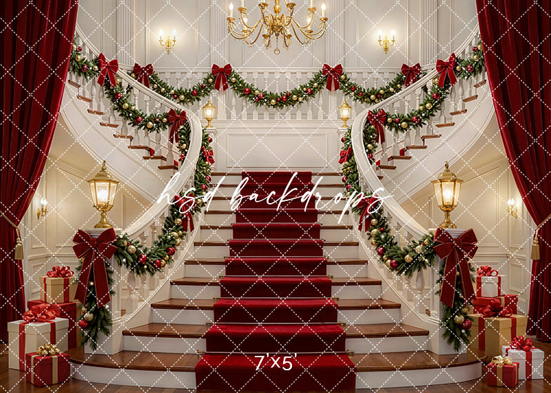Grand Holiday Staircase photography backdrop with sweeping staircases, red carpet steps, festive garland, ribbon bows, chandeliers, lanterns, and wrapped gifts for holiday portrait photography.